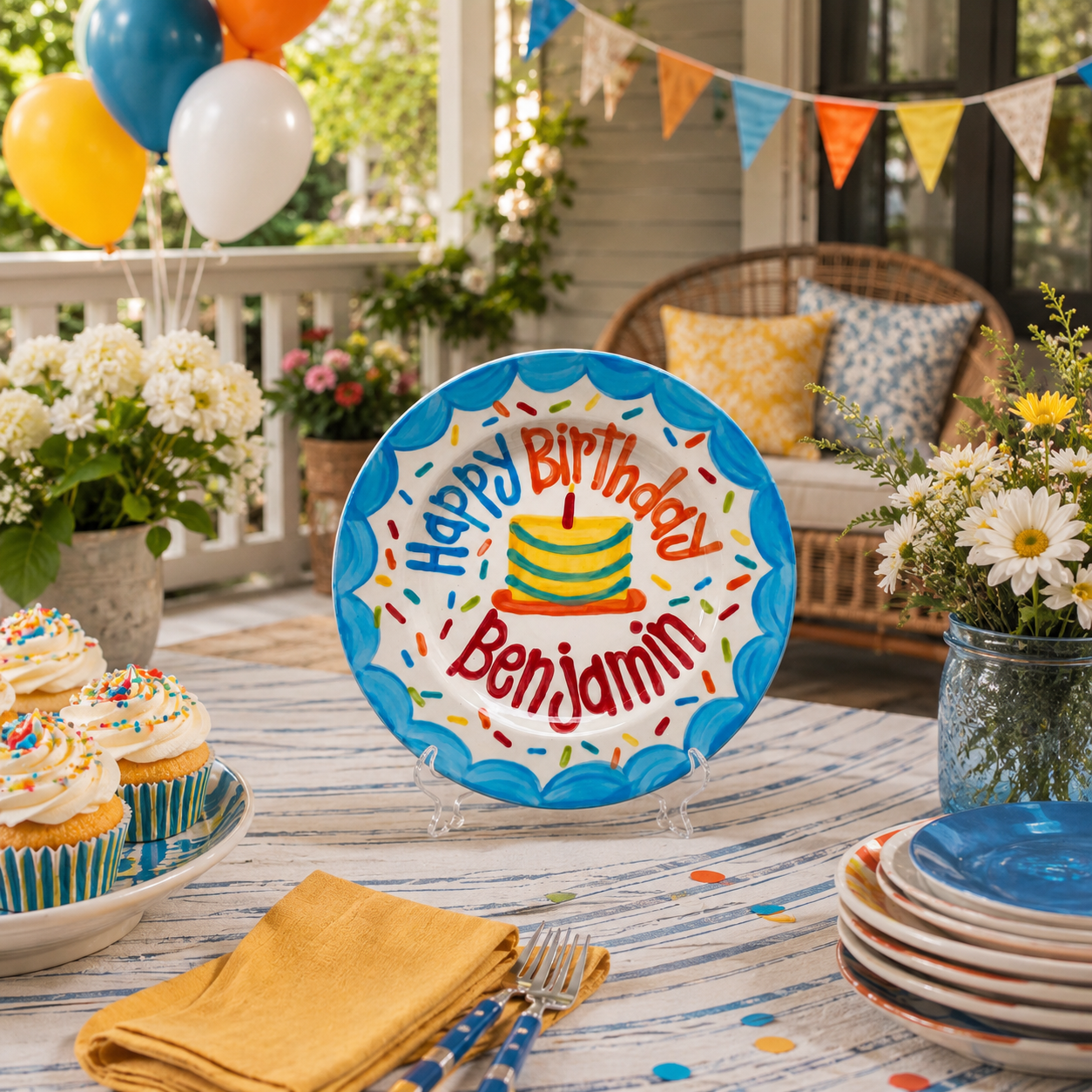 Personalized Birthday Plate – Blue Scalloped Border, Colorful Sprinkles & Striped Cake Design | BHL017
