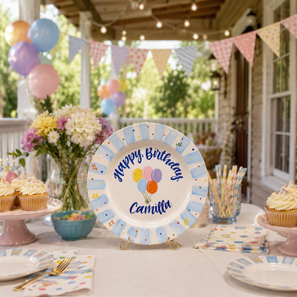 Personalized Blue Birthday Plate, Custom Ceramic Birthday Dish, Light Blue Striped Balloon Plate, Kids Birthday Tradition Heirloom Keepsake | B007