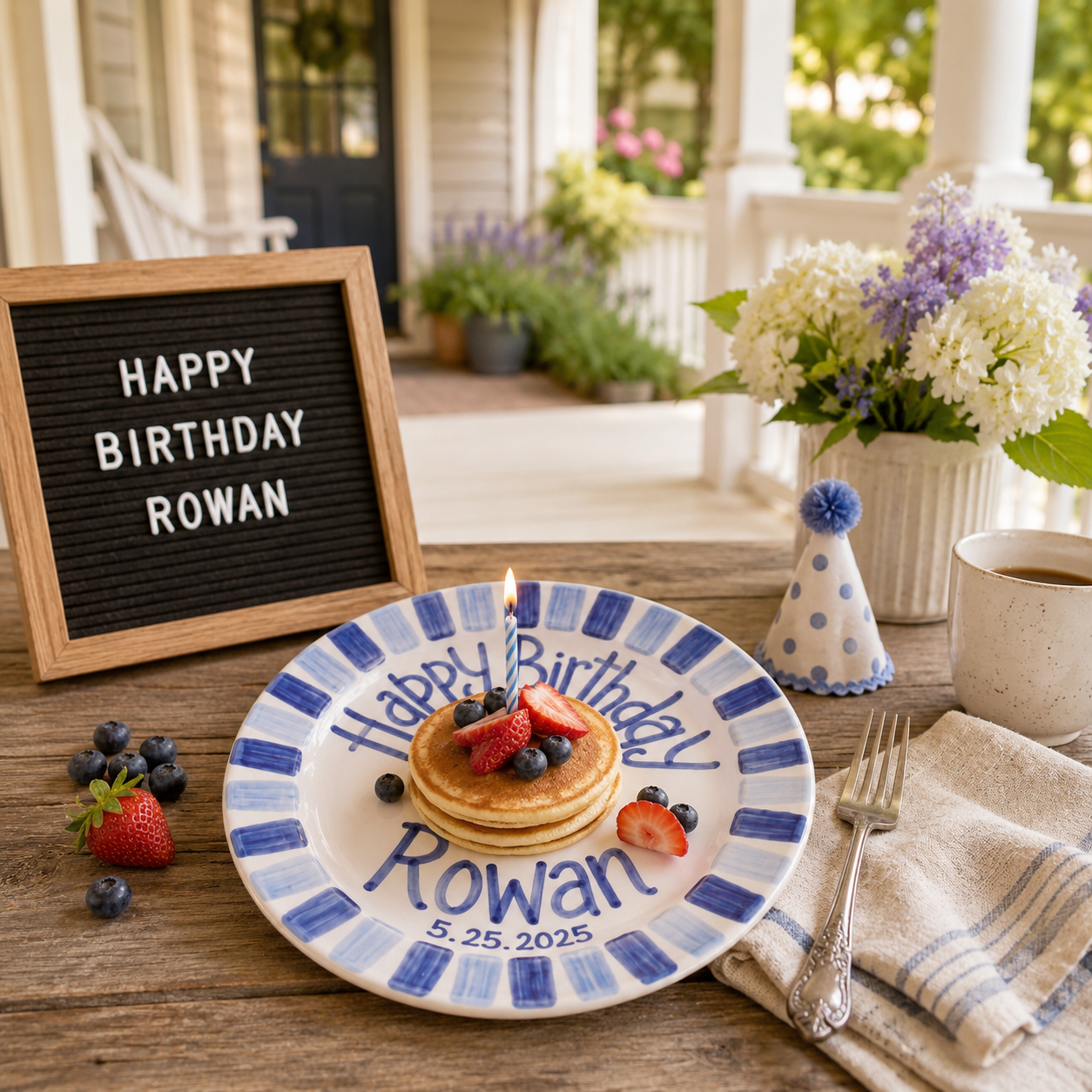 Custom Name Birthday Plate – Blue Stripe Border & Birthday Cake Design | B017