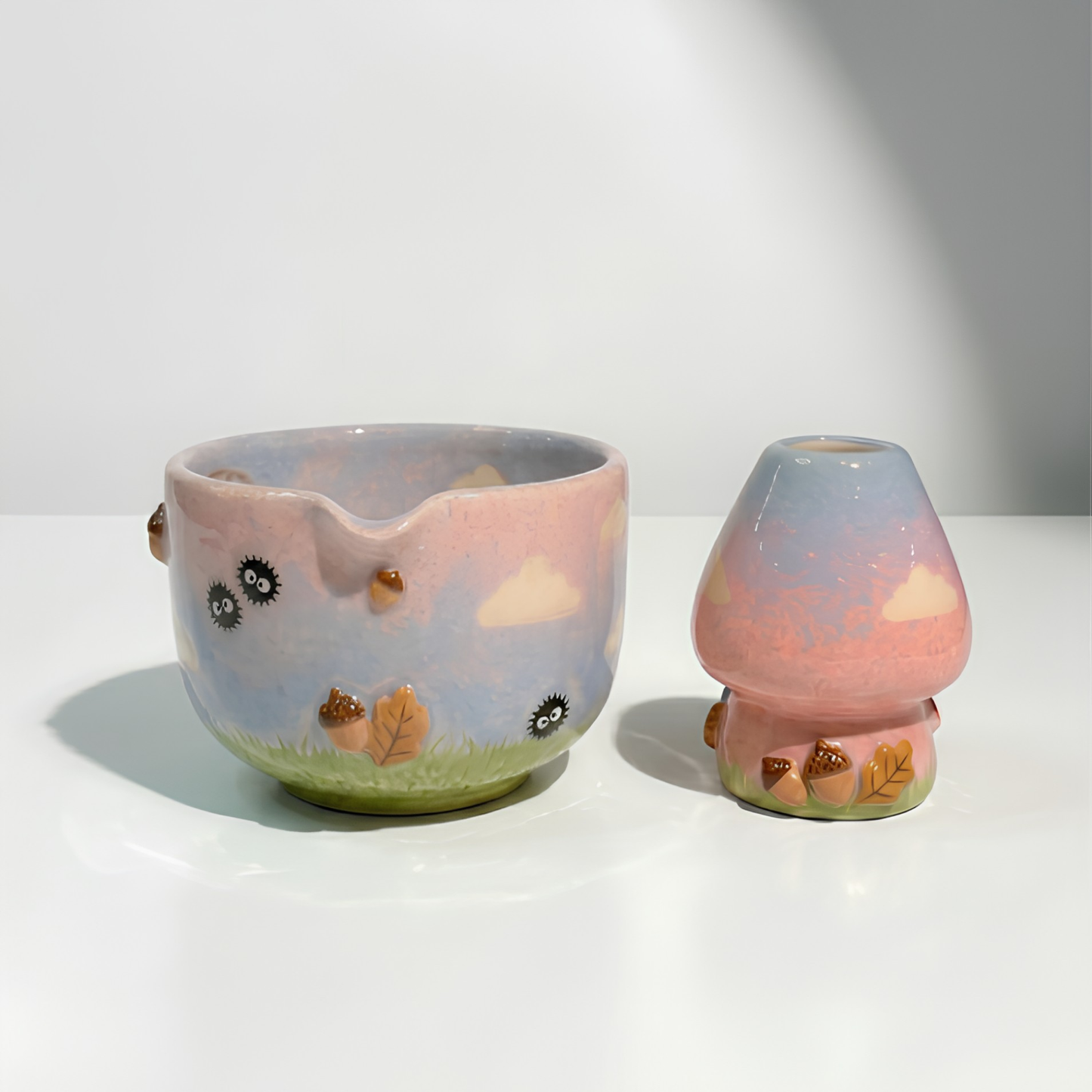 My Neighbor Totoro & Soot Sprite 3D Handcrafted Ceramic Matcha Bowl and Whisk Holder Set • HX25