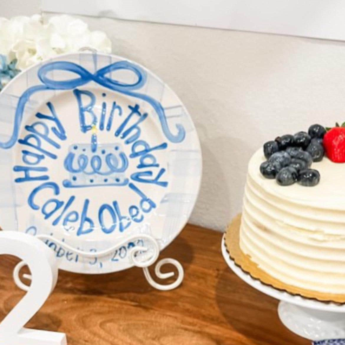 Personalized Birthday Plate – Blue Gingham Bow & Blue Cake Design | BHL007