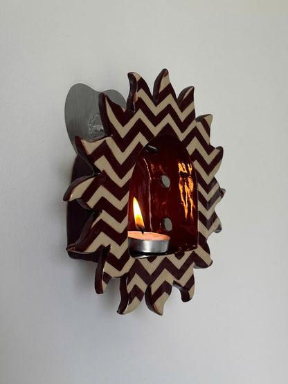 Sunburst Chevron Pattern Tealight Holder – Handcrafted Ceramic Wall Candle Sconce – Whimsical Bohemian Wall Decor • HX31