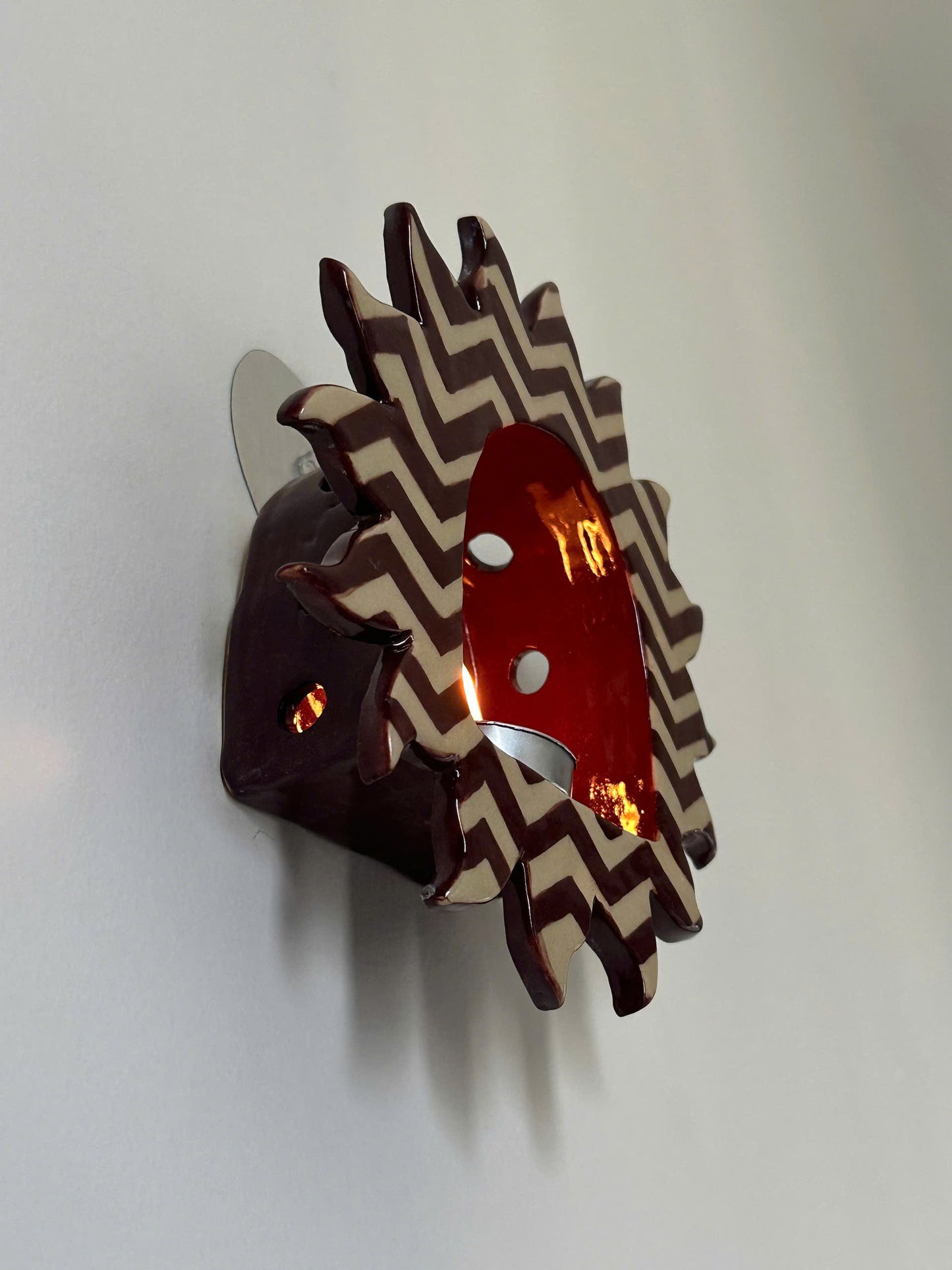 Sunburst Chevron Pattern Tealight Holder – Handcrafted Ceramic Wall Candle Sconce – Whimsical Bohemian Wall Decor • HX31
