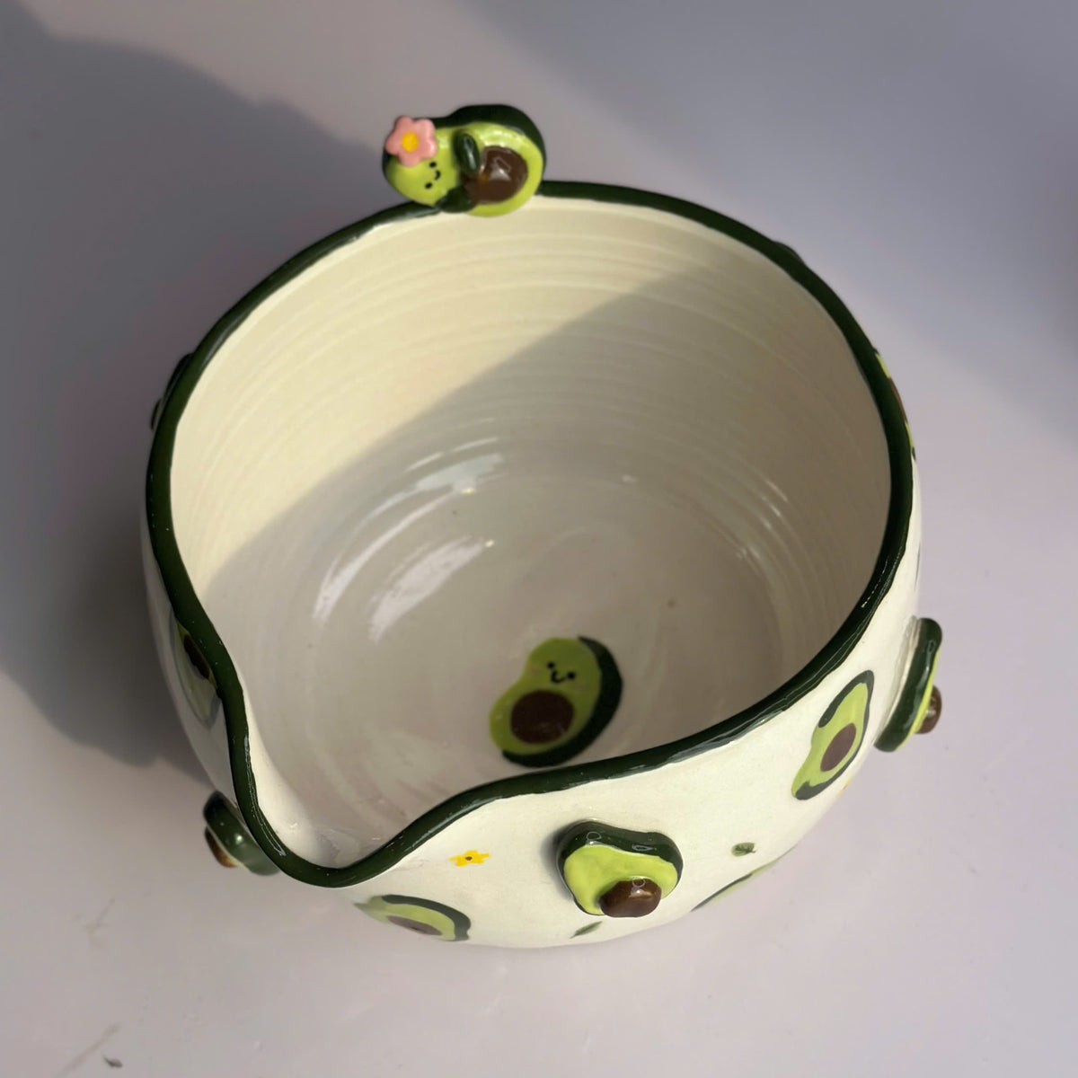 Cute Avocado Floral Ceramic Matcha Set – Handcrafted Spouted Bowl with 3D Avocado Figurine & Whisk Holder • HX59