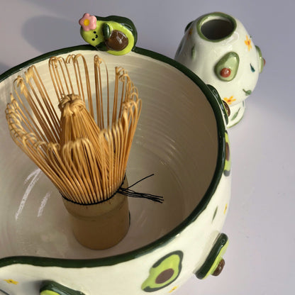 Cute Avocado Floral Ceramic Matcha Set – Handcrafted Spouted Bowl with 3D Avocado Figurine & Whisk Holder • HX59