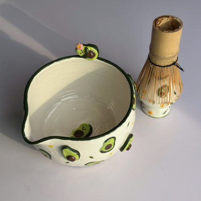 Cute Avocado Floral Ceramic Matcha Set – Handcrafted Spouted Bowl with 3D Avocado Figurine & Whisk Holder • HX59