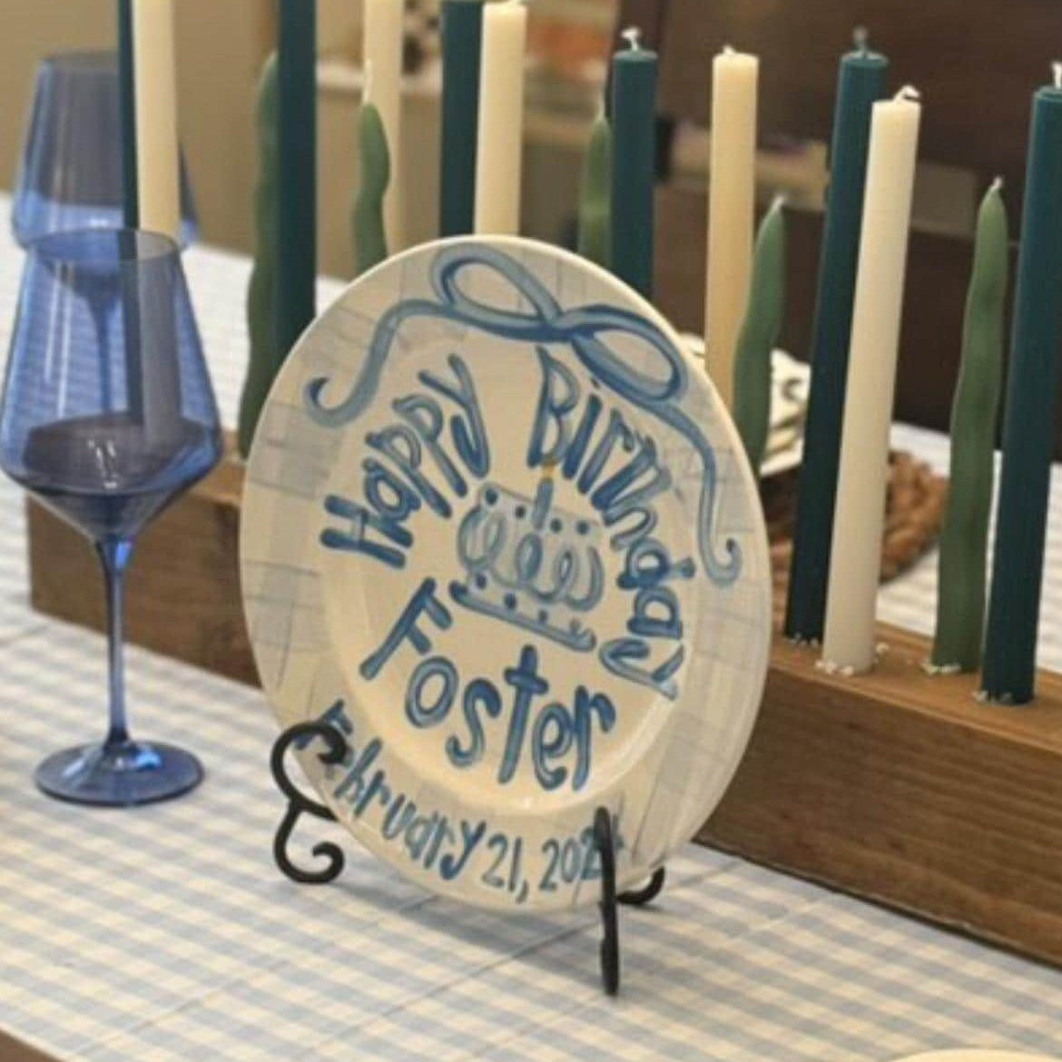 Personalized Birthday Plate – Blue Gingham Bow & Blue Cake Design | BHL007