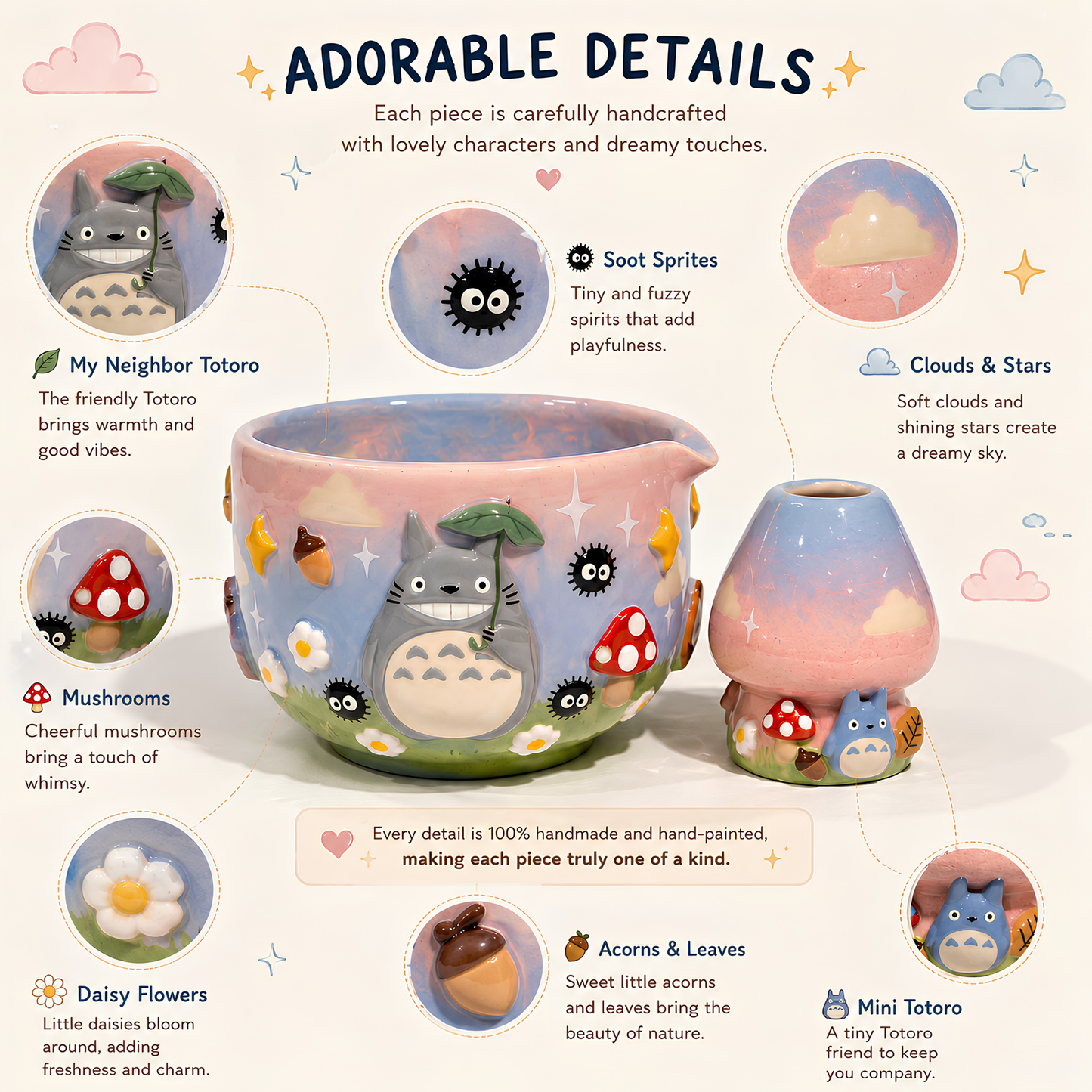 My Neighbor Totoro & Soot Sprite 3D Handcrafted Ceramic Matcha Bowl and Whisk Holder Set • HX25