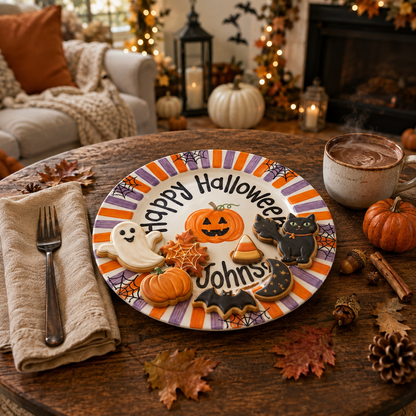 Personalized Halloween Plate, Custom Family Name Ceramic Plate, Orange Purple Striped Dish, Pumpkin Spiderweb Keepsake | H002