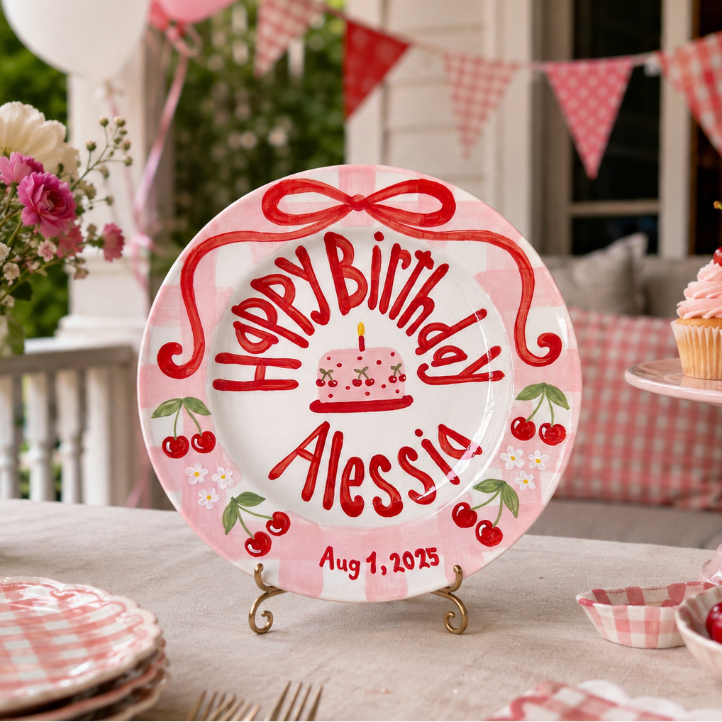 Personalized Cherry Birthday Plate, Custom Ceramic Birthday Dish, Red Bow Pink Gingham Plate, Cherry First Birthday Keepsake | B099