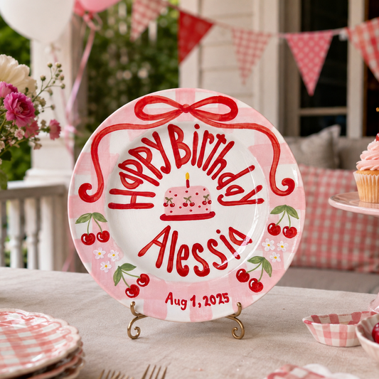 Custom Hand Painted Ceramic Birthday Plate, Cherry Bow Gingham Plate, Personalized Birthday Plate with Date, Very Cherry Birthday | B099