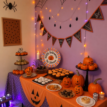 Personalized Halloween Plate, Custom Family Name Ceramic Plate, Orange Purple Striped Dish, Pumpkin Spiderweb Keepsake | H002
