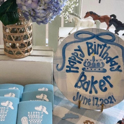 Personalized Birthday Plate – Blue Gingham Bow & Blue Cake Design | BHL007