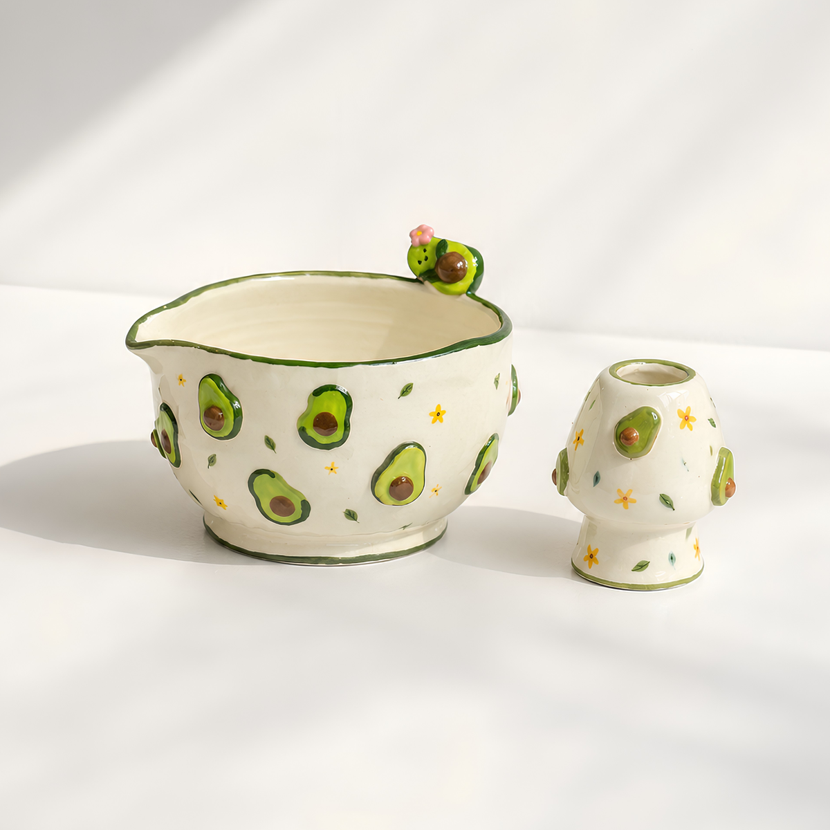 Cute Avocado Floral Ceramic Matcha Set – Handcrafted Spouted Bowl with 3D Avocado Figurine & Whisk Holder • HX59