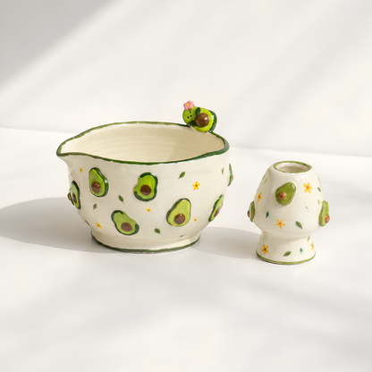 Cute Avocado Floral Ceramic Matcha Set – Handcrafted Spouted Bowl with 3D Avocado Figurine & Whisk Holder • HX59