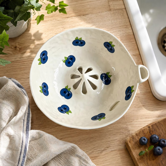 Ceramic Berry Bowl Colander, Fruit Strainer Washing Bowl with Drain, Strawberry Blueberry Cottagecore Kitchen Decor, Housewarming Gift | LA103