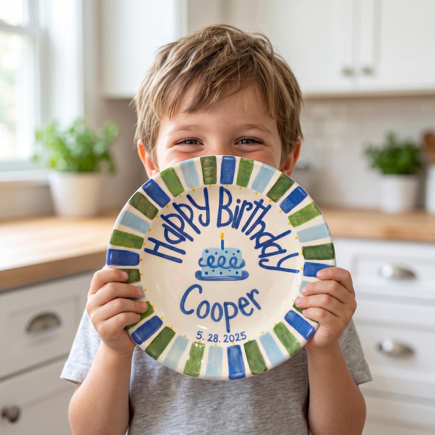 Personalized Birthday Plate – Blue Cake & Green Blue Striped Border Design | B049