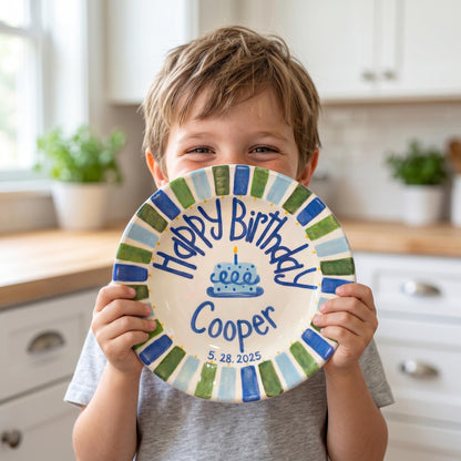 Personalized Birthday Plate – Blue Cake & Green Blue Striped Border Design | B049
