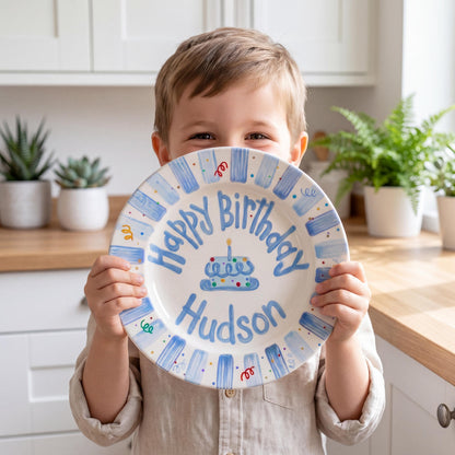 Personalized Birthday Plate – Blue Striped Cake & Sprinkles Design | B009