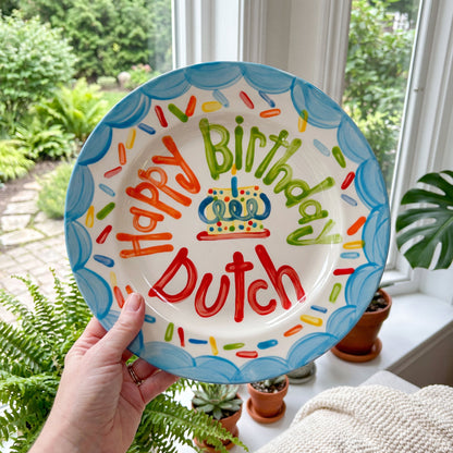 Personalized Birthday Plate – Blue Scalloped Border, Colorful Sprinkles & Cake Design | BHL012