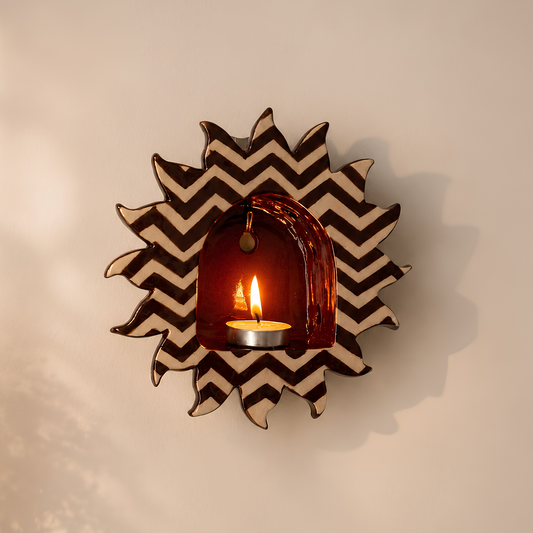 Sunburst Chevron Pattern Tealight Holder – Handcrafted Ceramic Wall Candle Sconce – Whimsical Bohemian Wall Decor • HX31