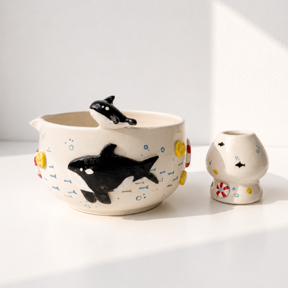 Playful Orca Ocean 3D Handcrafted Ceramic Matcha Bowl and Whisk Holder Set • HX12