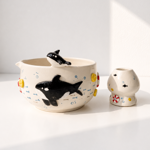 Playful Orca Ocean 3D Handcrafted Ceramic Matcha Bowl and Whisk Holder Set • HX12