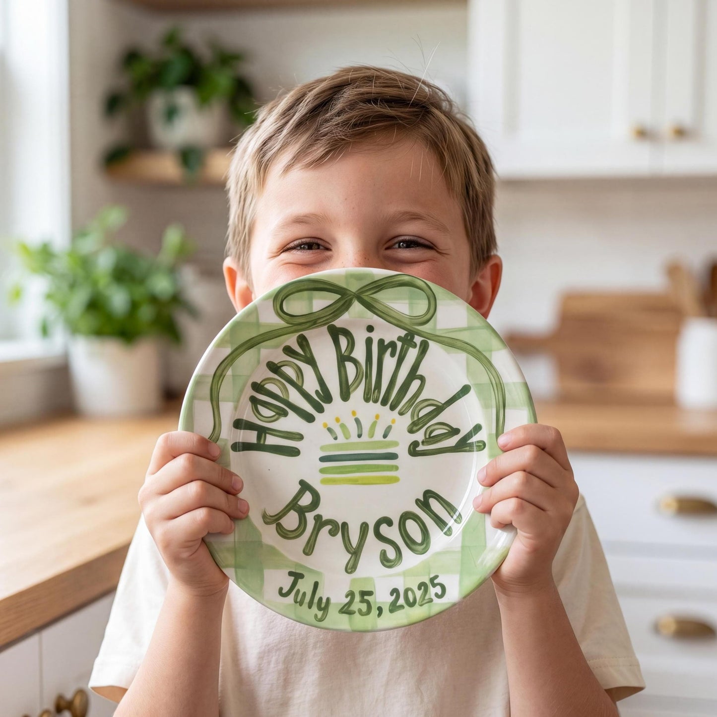 Personalized Birthday Plate – Green Gingham Bow & Cake Design | B058