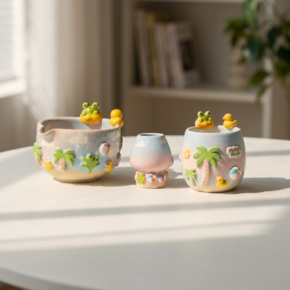 Handmade Frog Matcha Bowl Set, Cute Duck Ceramic Matcha Tea Set, Ombre Matcha Bowl with Whisk Holder, Kawaii Tea Gift | LA2