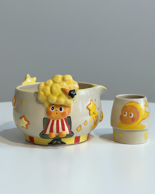 Twinkle Popcorn Movie Night 3D Handcrafted Ceramic Matcha Bowl and Whisk Holder Set • HX09