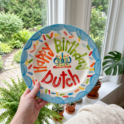 Personalized Birthday Plate – Blue Scalloped Border, Colorful Sprinkles & Cake Design | BHL012