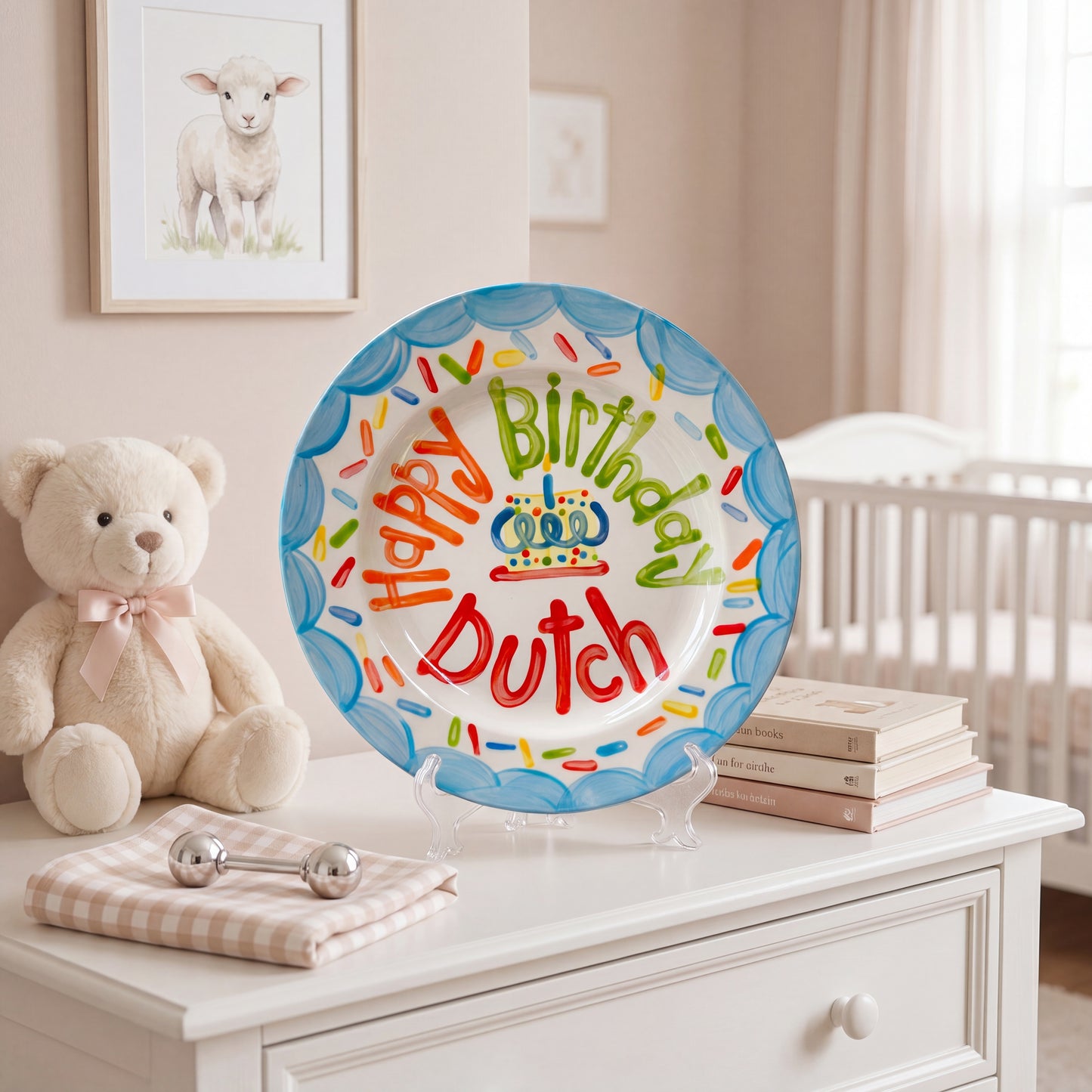 Personalized Birthday Plate – Blue Scalloped Border, Colorful Sprinkles & Cake Design | BHL012