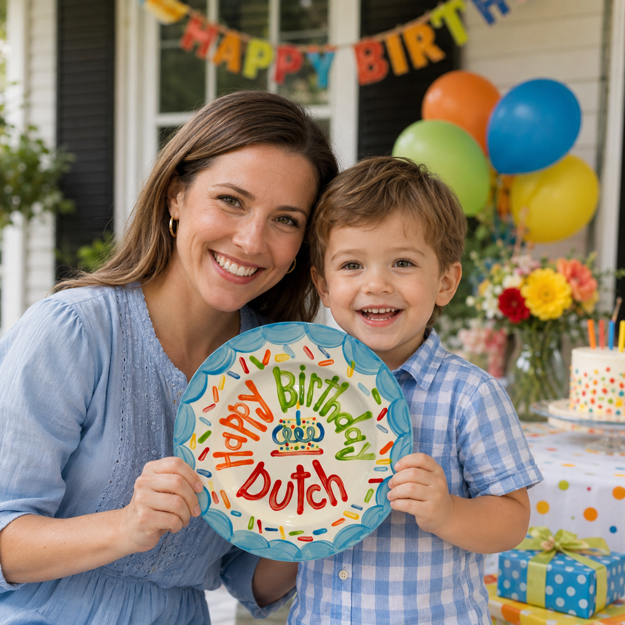 Personalized Birthday Plate – Blue Scalloped Border, Colorful Sprinkles & Cake Design | BHL012