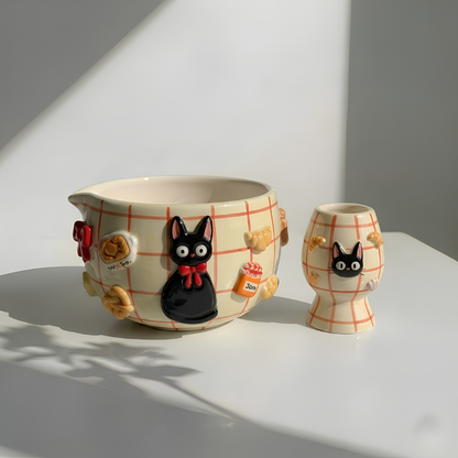 Checkered Jiji Cat Matcha Bowl | Handmade Ceramic Chawan | LA019