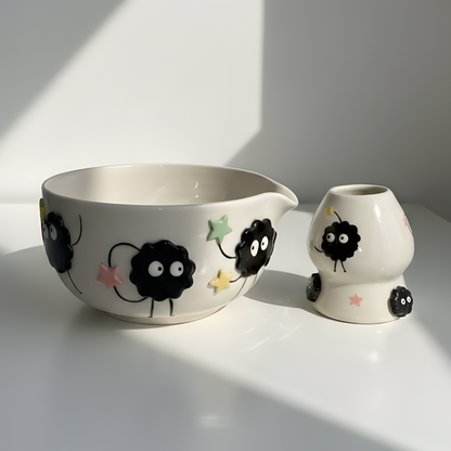 Spirited Away Susuwatari 3D Handcrafted Ceramic Matcha Bowl and Soot Sprite Whisk Holder Set • HX15
