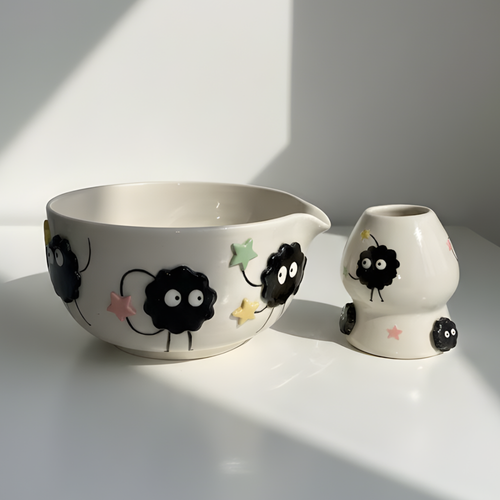 Spirited Away Susuwatari 3D Handcrafted Ceramic Matcha Bowl and Soot Sprite Whisk Holder Set • HX15