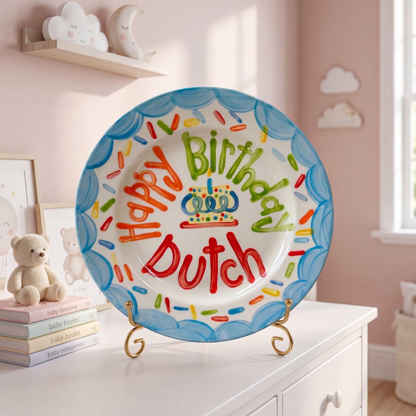 Personalized Birthday Plate – Blue Scalloped Border, Colorful Sprinkles & Cake Design | BHL012