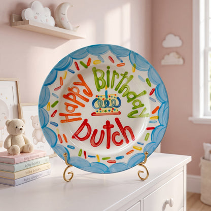 Personalized Birthday Plate – Blue Scalloped Border, Colorful Sprinkles & Cake Design | BHL012