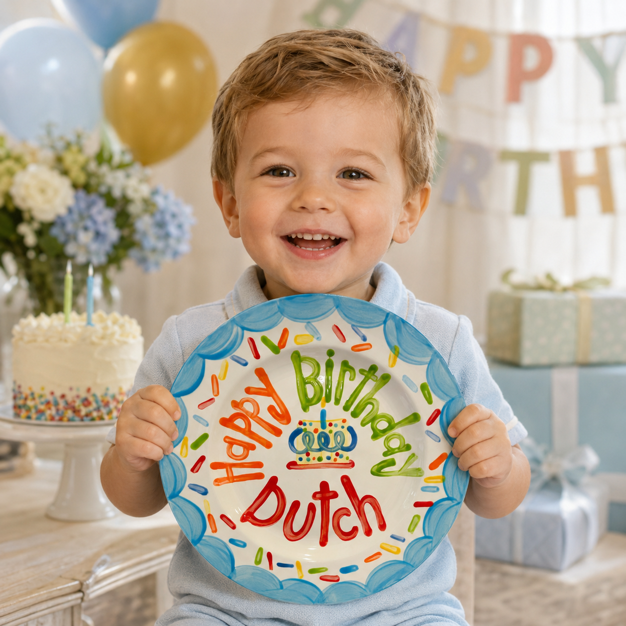 Personalized Birthday Plate – Blue Scalloped Border, Colorful Sprinkles & Cake Design | BHL012
