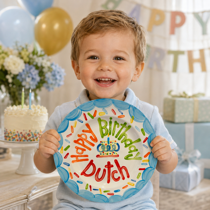 Personalized Birthday Plate – Blue Scalloped Border, Colorful Sprinkles & Cake Design | BHL012