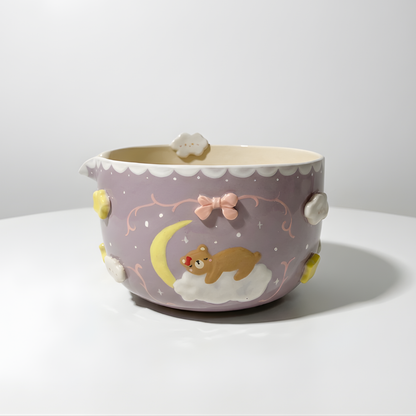 Lavender Dream Teddy Bear & Crescent Moon 3D Handcrafted Ceramic Matcha Bowl and Whisk Holder Set • HX27
