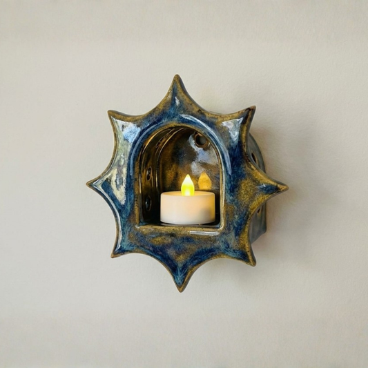 Sunburst Ceramic Wall Sconce – Blue Drip Glaze Candle Holder – Celestial Boho Home Decor| LA111