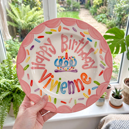 Personalized Birthday Plate – Pink Scalloped Border, Colorful Sprinkles & Cake Design | BHL010