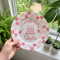 Personalized Birthday Plate – Custom Name with Pink Checkerboard Border & Pink Birthday Cake – Birthday Celebration | BGI013