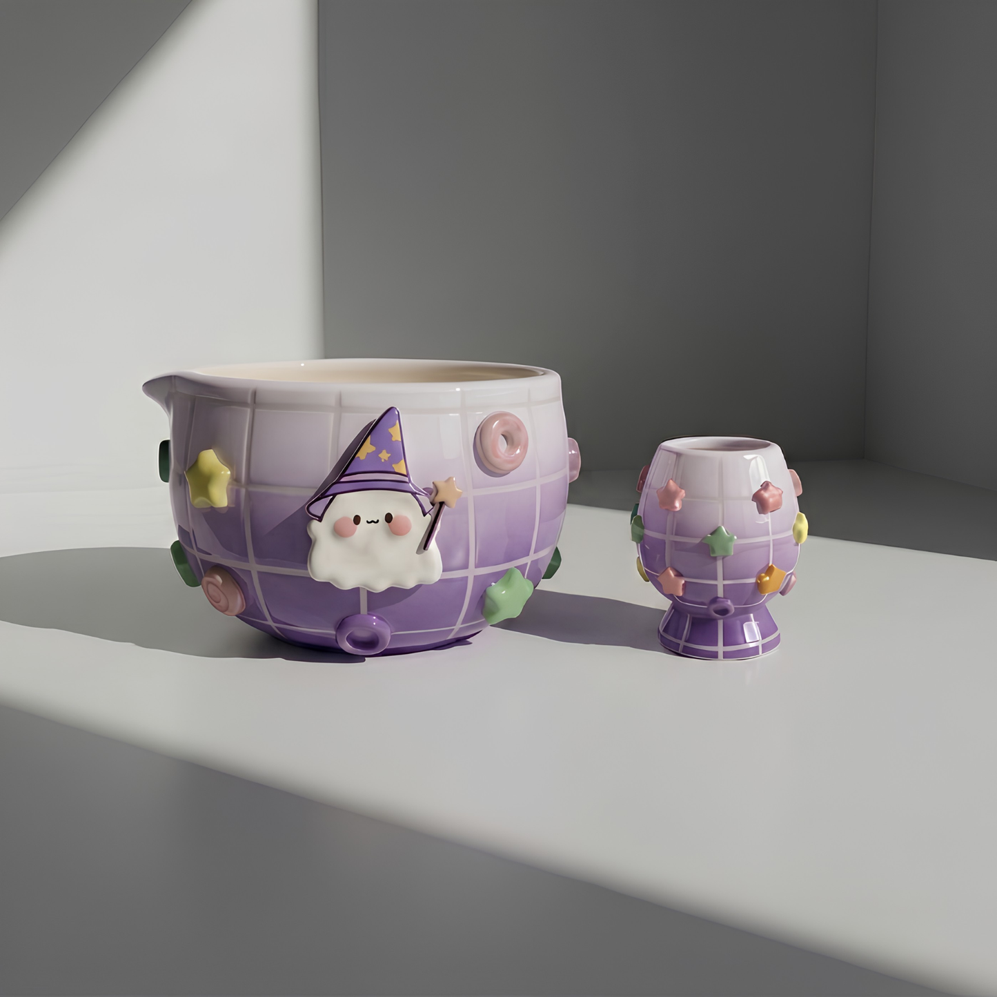 Purple Grid Matcha Bowl Set, Handmade Magic Ceramic Chawan, Whimsical Tea Bowl, Fantasy Matcha Gift | Handmade Ceramic Chawan | LA030
