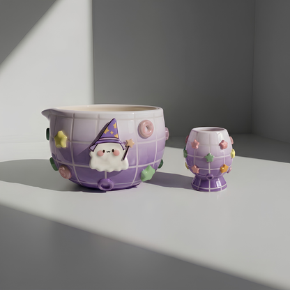 Purple Grid Matcha Bowl Set, Handmade Magic Ceramic Chawan, Whimsical Tea Bowl, Fantasy Matcha Gift | Handmade Ceramic Chawan | LA030