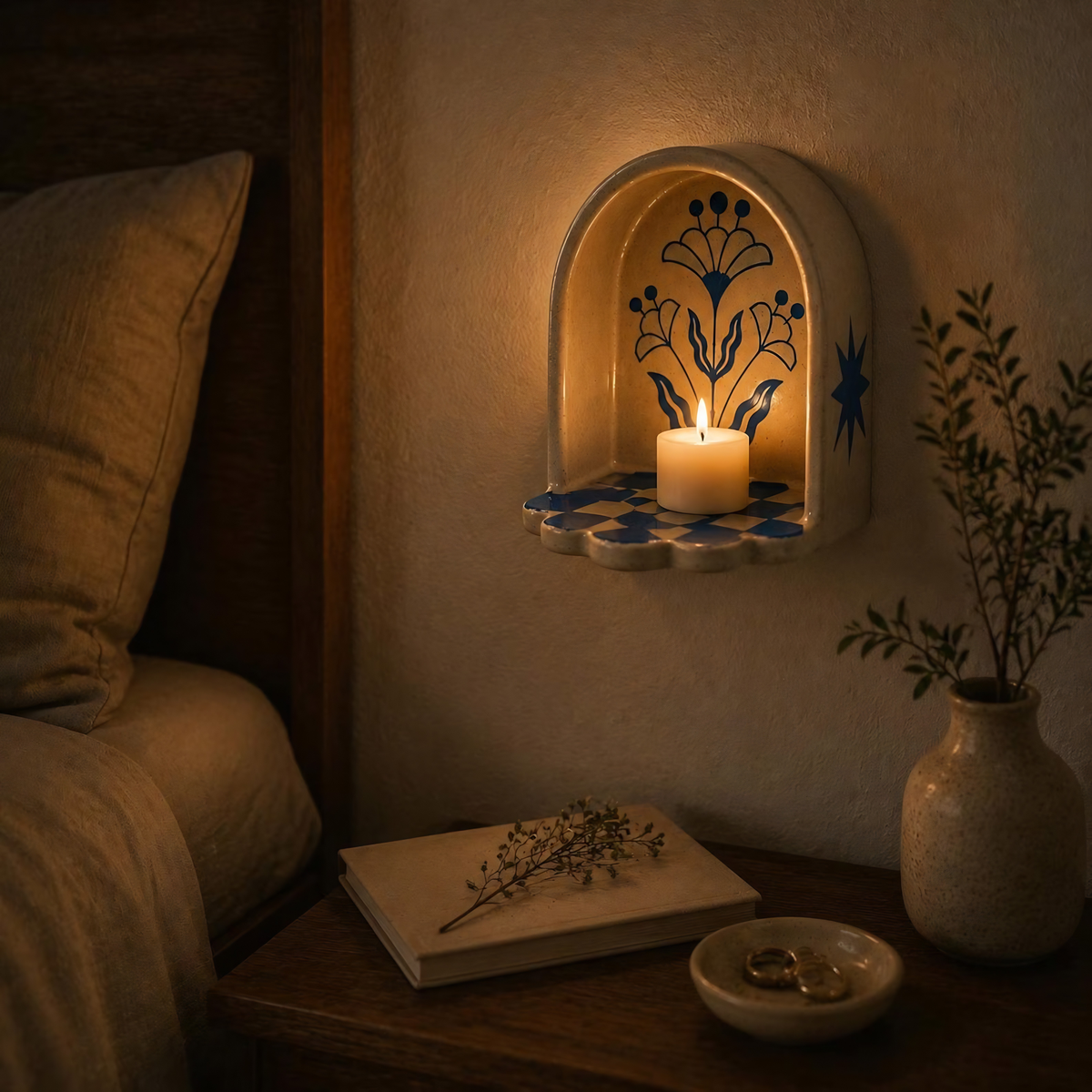 Handmade Ceramic Wall Niche Candle Holder, Blue Floral Pottery Wall Decor, Unique Housewarming Gift | LA143