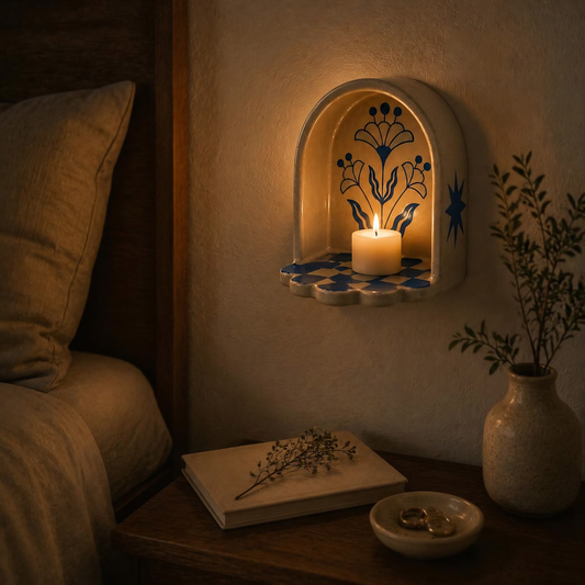 Handmade Ceramic Wall Niche Candle Holder, Blue Floral Pottery Wall Decor, Unique Housewarming Gift | LA143