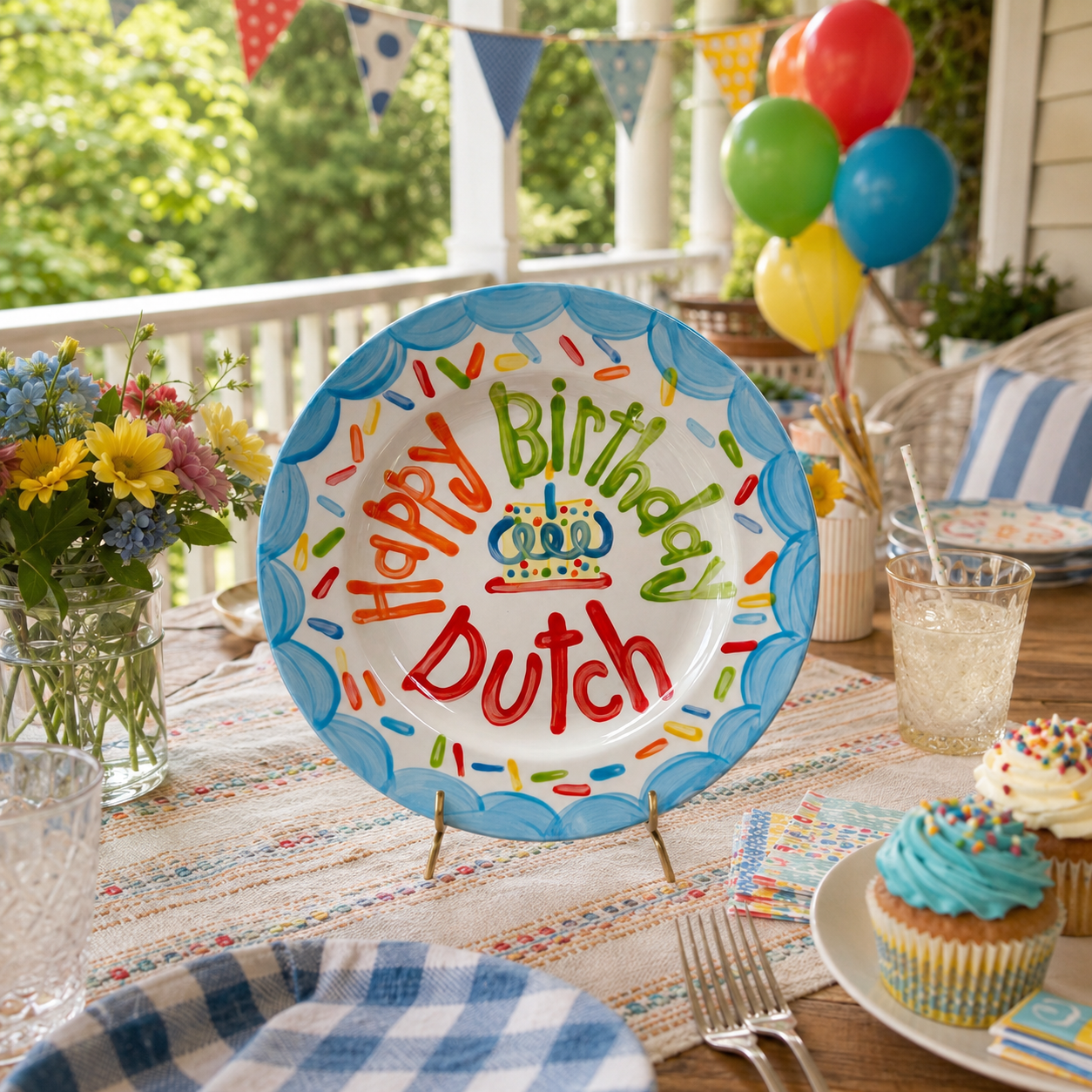 Personalized Birthday Plate – Blue Scalloped Border, Colorful Sprinkles & Cake Design | BHL012