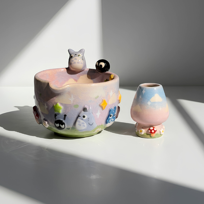 Totoro Matcha Bowl Set, Woodland Inspired Pottery, Anime Inspired Decor| Handmade Ceramic Chawan | LA023
